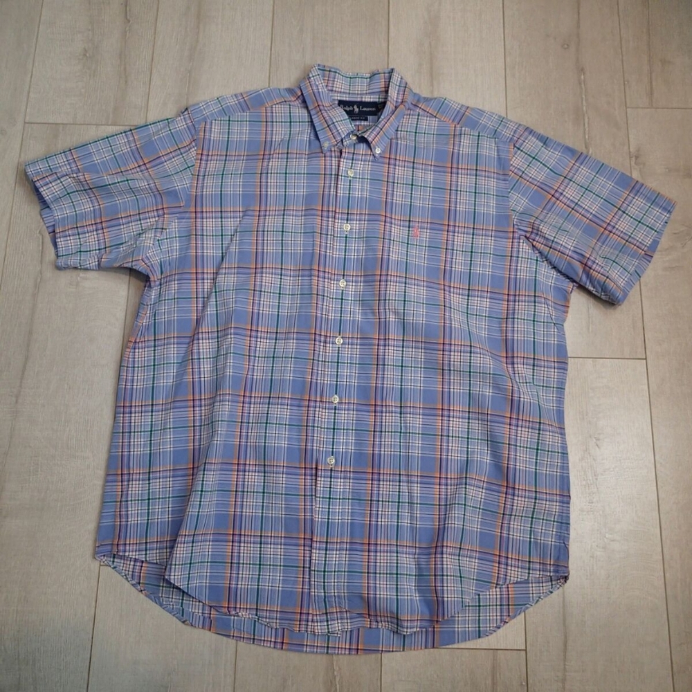 Ralph Lauren Men's XL Blue and Orange Plaid Short Sleeve Button Down Shirt